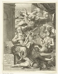Alegoria z kobiecymi personifikacjami m.in. prawdy oraz cnót i wad Strona tytułowa: Johannes van der Kemp, Chrześcijanin w życiu i śmierci całkowicie należący do Chrystusa, przedstawia w 53 kazaniach o Świętym