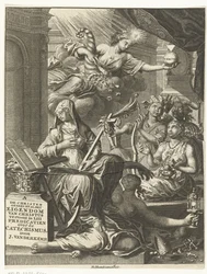 Alegoria z kobiecymi personifikacjami m.in. prawdy oraz ewentualnie cnót i wad Strona tytułowa dla: Johannes van der Kemp, Chrześcijanin w życiu i śmierci całkowicie należy do Chrystusa, przedstawia w 53 kazaniach o