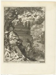 Muza i putta siedzą przy grobie poety Arnolda Moonena Strona tytułowa dla: Arnold Moonen, Continued der poëzye, Delft 1720 Kontynuacja A. Moonens Poezy (tytuł na obiekcie)