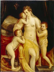 Alegoria Miłosierdzia. Troje dzieci z wyrazem współczucia czule zbliża się do matki o smutnej twarzy, aby ją pocieszyć. Obraz Fransa Florisa pachwiny (1519-1570), olej na drewnie. sztuka holenderska