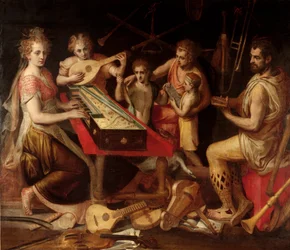 Music Characters vetus ma starożytne otoczenie instrumentów muzycznych, które tworzą alegorię. Obraz Fransa Florisa (1515-1570) Geny z XVI wieku, kolekcja prywatna