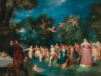 Diana i jej nimfy w kąpieli, w tle polowanie na jelenie, ok. 1606 r.