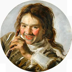 Pół portret śmiejącego się chłopca z fletem