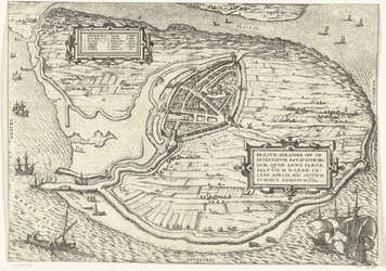 Kaart van het eiland Voorne en plattegrond van Brielle, 1572 Brillium, Holandia op. z powodu morderczej wojny holenderskiej, która w roku zwycięstwa Zbawienia w 72 r. n.e w upale kwietnia zaczął tutaj, sławny (tytuł na obiekcie)