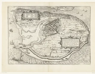 Kaart van het eiland Voorne en plattegrond van Brielle, 1572 Brillium, Holandia op. z powodu morderczej wojny holenderskiej, która w roku zwycięstwa Zbawienia w 72 r. n.e w upale kwietnia zaczął tutaj, sławny (tytuł na obiekcie)