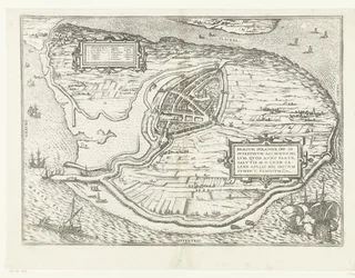 Kaart van het eiland Voorne en plattegrond van Brielle, 1572 Brillium, Holandia op. z powodu morderczej wojny holenderskiej, która w roku zwycięstwa Zbawienia w 72 r. n.e w upale kwietnia zaczął tutaj, sławny (tytuł na obiekcie)