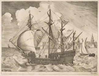 Uzbrojony czteromasztowiec wypływający na morze z żaglowców, ok. godz. 1555-56.