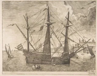 Uzbrojony trójmistrz zakotwiczony w pobliżu miasta z żaglowców, ca. 1555-56.