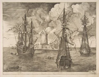 Czterech panów po lewej i dwóch trzech panów zakotwiczone w pobliżu ufortyfikowanej wyspy ze Światłem..., 1561-65.