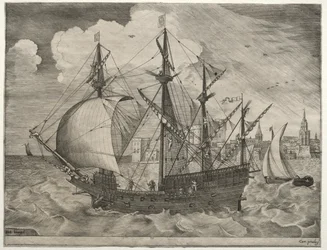 Żaglowce: uzbrojony czteromasztowiec wypływający na morze, 1561-65.