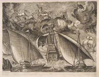 Dwie galery płynące za uzbrojonym trójmistrzem z Faetonem i Jowiszem na niebie, f..., 1561-65.