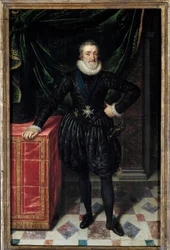 Portret u stóp Henryka IV (1553-1610) Król nosi insygnia Orderu Ducha Świętego (Order Ducha Świętego). Obraz Fransa Pourbusa Le Jeune (Francois (Franz) Porbus