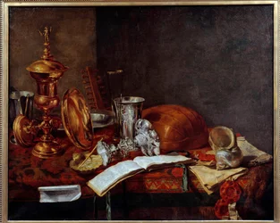 Martwa natura z obiektami artystycznymi (kielich miedziany, sztućce, lutnia) Obraz Franza (Fransa) Ryckhalsa (1600-1647) Dunkierka z XVII wieku, Musee des Beaux Arts