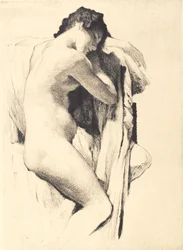 Siedząca młoda naga kobieta z głową opartą na jednym ramieniu