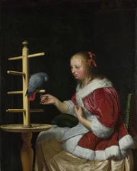 Kobieta w czerwonej kurtce karmiąca papugę, ok. 1663
