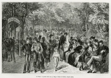 Prater: wspaniały chodnik. Rycina Kollarza, ilustrująca historię Wiednia i jego przedmieść, autorstwa M. Newlińskiego, w 1881 r., opublikowana w Tour du monde, pod kierunkiem Edouarda Chartona (1807-1890)