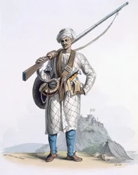 Behaleea lub hinduski żołnierz, z „Kostiumy Indii” E. Orme, 1804 (kolorowa akwaforta)