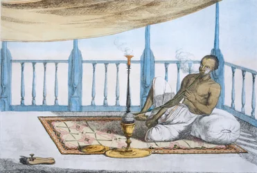 Mężczyzna palący fajkę wodną haszysz lub opium, pub. 1808-12.