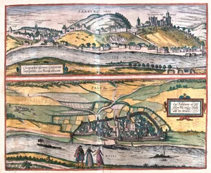 Dokładny przegląd miasta Saarburg i miasta Pfaltz an der Mosel w Niemczech (grawerowanie