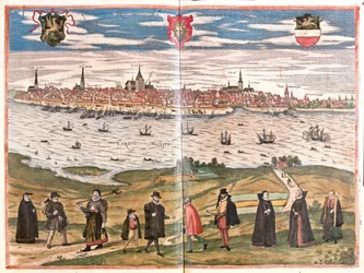 Widok ogólny Rostocku, Niemcy (grafika)
