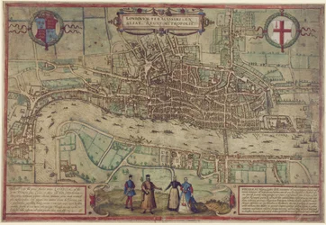 Plan Londynu z "Civitates Orbis Terrarum", t. 1, 1572 (rycina kolorowa na papierze)