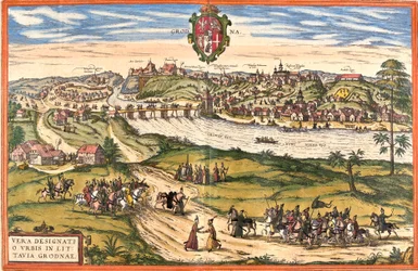 Widok na Grodno lub Grodno (Grodno), Białoruś (Białoruś) (akwaforta)