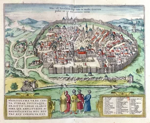 Widok Jerozolimy z Atlasu „Le Theatre des Cites du Monde” Georga Brauna, wydanie Kolonia, 1599 (kolorowa grawerunek)