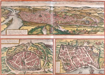 Widok na Rouen (Rotomagus), Nimes (Nemausus) i Bordeaux (Burdigala), Francja (akwaforta).