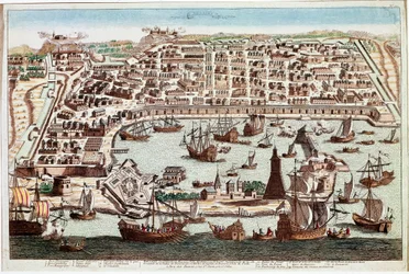 Widok miasta Mesyny na Sycylii - Grawer Franza Hogenberga (1535-1590) z „”Civitatis Orbis Terranum”” Brauna i Hogenberga - 1594 (Widok miasta Mesyna, Sycylia - Grawer Franza Hogenberga (1535-1590) ) z „” Civitatis Hobis Terran