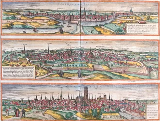 Widoki Bois le Duc (Buscumducis) w Holandii, Leuven (Lovanium) i Mechlineen (Mechlineen) w Belgii (akwaforta).