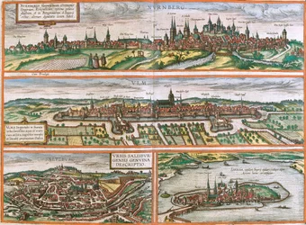 Widoki Norymbergi (Nurnberga), Ulm (Ulma), Lindau (Lindola), Niemiec i Salzburga (Salisburgensis) w Austrii (akwaforta