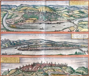 Widoki Treves (Treveris), Koblenz (Coboletz) i Rothenburg (Rotenburgum), Niemcy (akwaforta