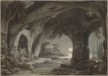 Idealny krajobraz z grotą skalną, grobowcami i ruinami w świetle księżyca 1790.