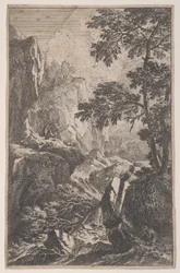 Ilustracja 2: myśliwy celujący z pistoletu, klęczący przy dużym głazie po prawej stronie, ma..., ca. 1700-25.