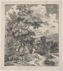 Ilustracja 3: pasterz siedzący na wzgórzu, po lewej krowa i dwie owce, miasto w ri..., ok. godz. 1700-25.