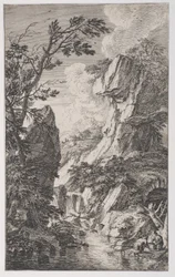 Ilustracja 4: dwóch rybaków na brzegu potoku po prawej, pośrodku wodospad, od..., ok. godz. 1700-25.