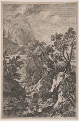 Ilustracja 6: dwie postacie męskie stojące na skale po prawej stronie, pośrodku wodospad z..., ca. 1700-25.