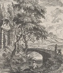 Tablica 7: dwie postacie po prawej, tuż przed przekroczeniem kamiennego mostu, rybak w..., ca. 1700-25.