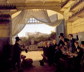Ludwik II de Baviere pijący z przyjaciółmi w hiszpańskiej winiarni w Rzymie. 1824 (olej na drewnie)