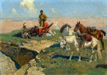 Zatrzymanie kaukaskich wojowników - Obraz Franza Roubauda (1856-1928)