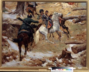 Śmierć dowódcy generalnego Nikołaja Sleptsowa (1815-1851) zabitego przez Czeczenów w walce 10 grudnia 1851 r. podczas wojny kaukaskiej (podboju Kaukazu) w Czeczenii. (Śmierć generała dywizji Nikołaja Slepcowa podczas walki w Czeczenii w dniu