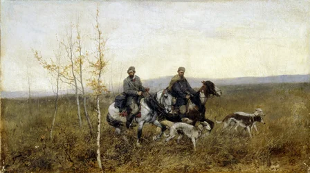 Łowcy. Obraz Franza Roubauda (1856-1928), olej na płótnie