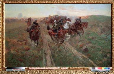 Scena z bitwy pod Kuryuk Darą w lipcu 1854 r. Obraz Franza Roubauda (1856-1928). olej na płótnie