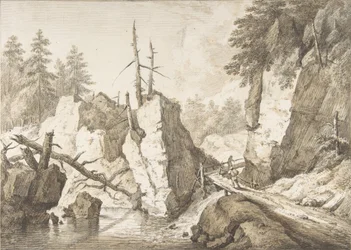 Szwajcarski krajobraz górski z małym mostem nad strumykiem, lata 1751-81.