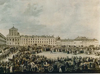 Kondukt pogrzebowy Ludwiga van Beethovena w 1827 roku z Schwarzspanierhaus do kościoła Świętej Trójcy na Alsergasse w Wiedniu (akwarela)
