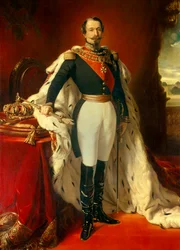 Portret Napoleona III (1808-1873), cesarza Francuzów przed widokiem na Chateau de Saint Cloud. Obraz Franza Xavera Winterhaltera (1806-1873) 1855 Nd. 2,4x1,5m²