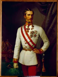 Portret Francois Joseph z Austrii miał 28 lat w ceremonialnym mundurze (1830-1916). Obraz Francois Xaver Winterhalter (1806-1873)