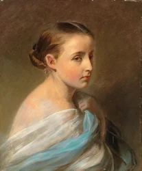 Portret dziewczyny, głowa i ramiona, owinięty w niebiesko-białą szatę, ok. 1850