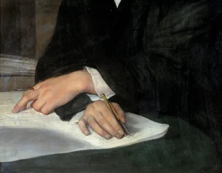 Portret architekta Karla Berckmullera (1800-1879), fragment skrzyżowanych rąk na samolocie. Jeden z nich trzyma komppas. Obraz Franza Xavera Winterhaltera (1806-1873) Ec. Wszystko.
