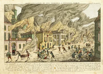 Widok Nowego Jorku podczas wielkiego pożaru w 1776 r.; Representation du Fue Terrible a Nouvelle York, 1780